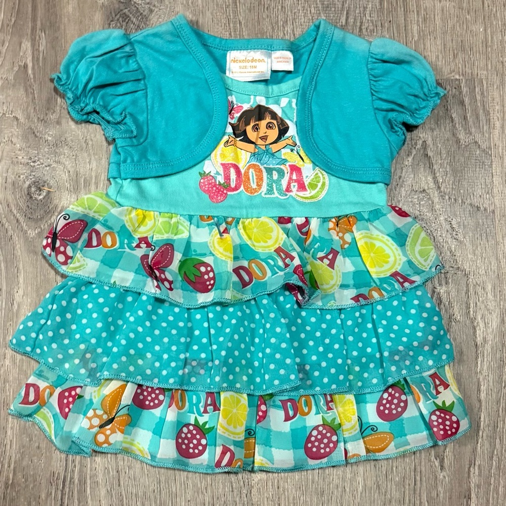 Dora the Explorer Baby Dress 18M | Nickelodeon Turquoise Ruffle Print Tiered - Picture 2 of 4